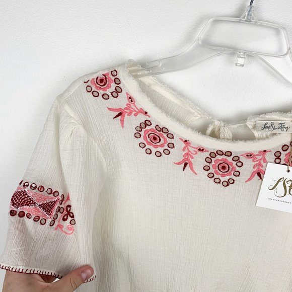 NWT LoveShackFancy Cream Joni Embroidered Crop Top - Picture 5 of 8